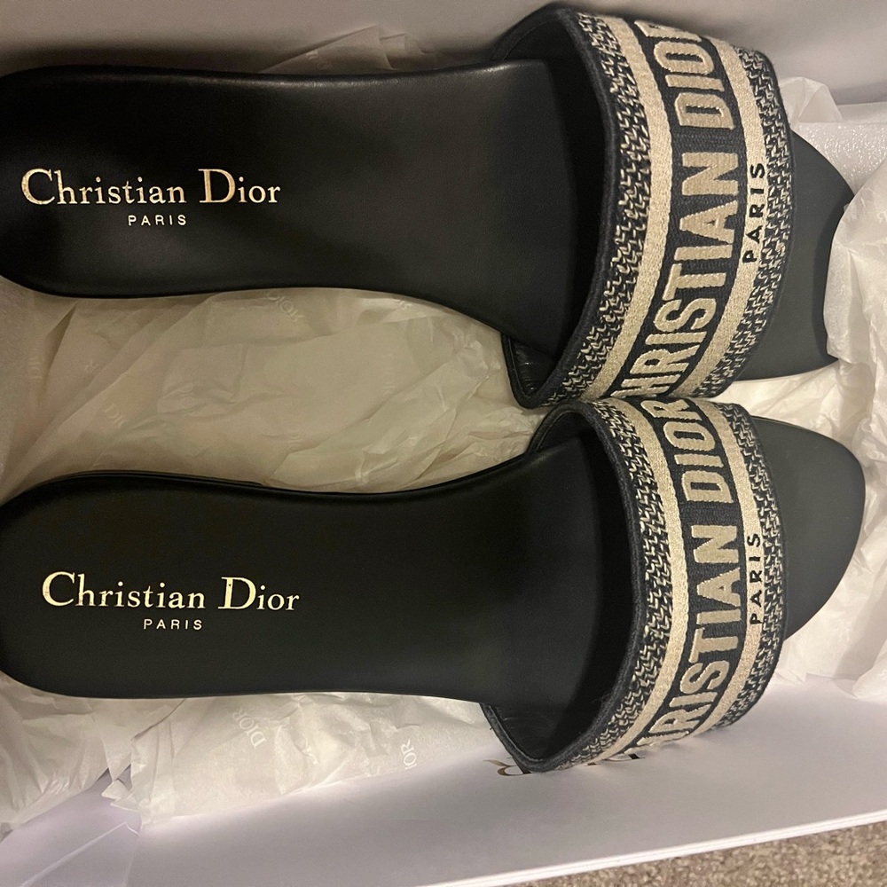 Christian Dior Dway Slide Blue Embroidered Cotton